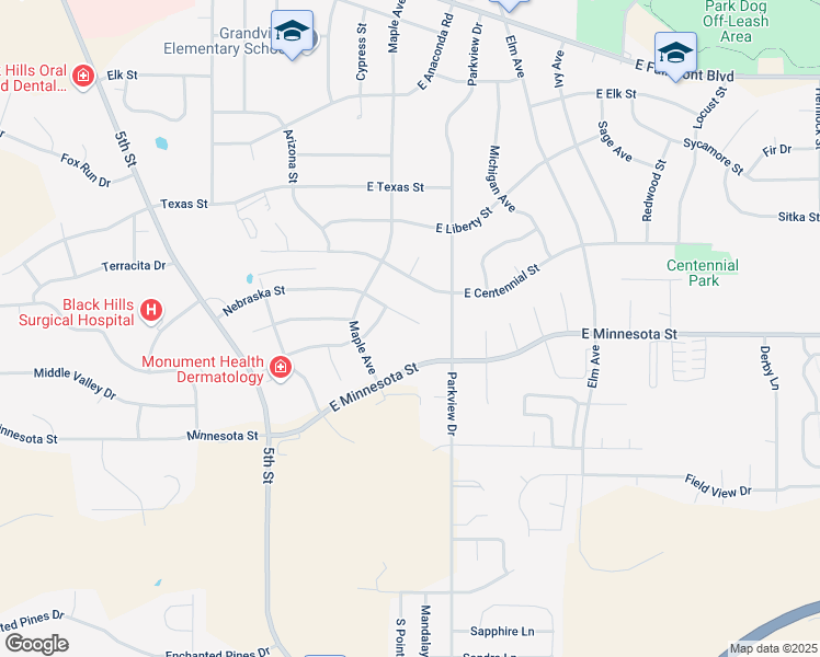 map of restaurants, bars, coffee shops, grocery stores, and more near 223 Nebraska Street in Rapid City