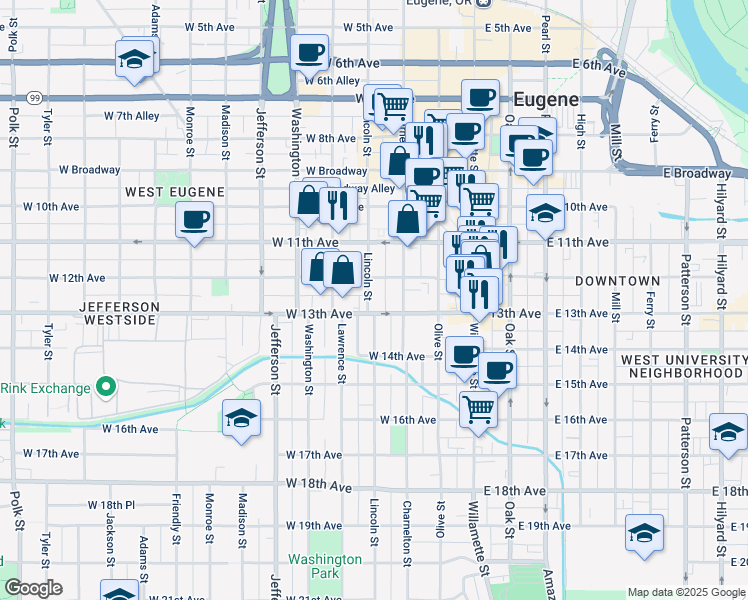 map of restaurants, bars, coffee shops, grocery stores, and more near 1269 Lincoln Street in Eugene