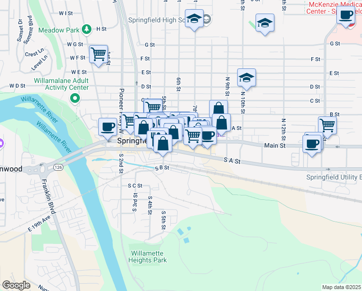 map of restaurants, bars, coffee shops, grocery stores, and more near 615 Main Street in Springfield