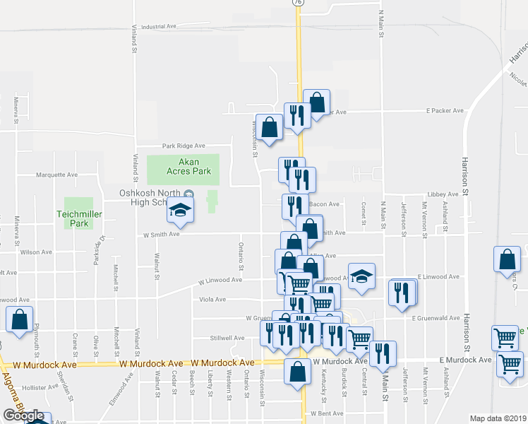 map of restaurants, bars, coffee shops, grocery stores, and more near 2344 Wisconsin Street in Oshkosh