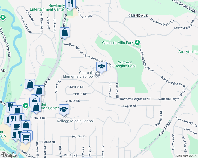 map of restaurants, bars, coffee shops, grocery stores, and more near 2240 7th Avenue Northeast in Rochester