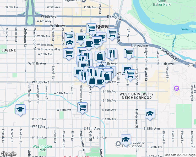 map of restaurants, bars, coffee shops, grocery stores, and more near 1264 Pearl Street in Eugene
