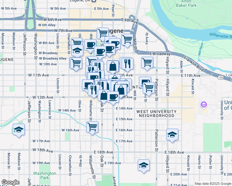 map of restaurants, bars, coffee shops, grocery stores, and more near 1264 Pearl Street in Eugene