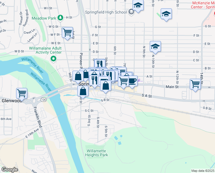 map of restaurants, bars, coffee shops, grocery stores, and more near 155 South 5th Street in Springfield