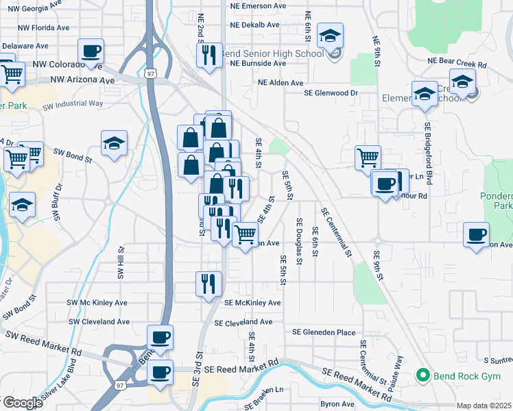 map of restaurants, bars, coffee shops, grocery stores, and more near 435 Southeast Yew Lane in Bend