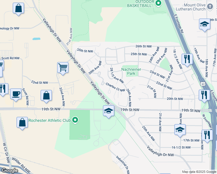 map of restaurants, bars, coffee shops, grocery stores, and more near 2735 Charles Court Northwest in Rochester