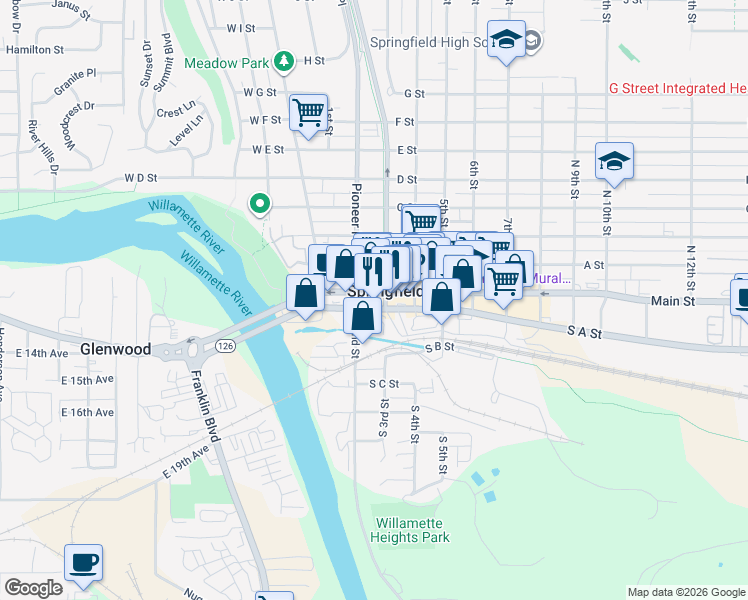 map of restaurants, bars, coffee shops, grocery stores, and more near 222 West A Street in Springfield
