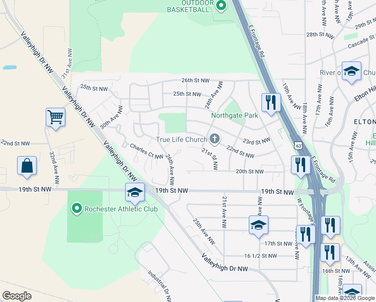map of restaurants, bars, coffee shops, grocery stores, and more near 2418 21st St NW in Rochester