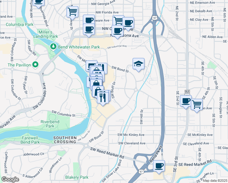 map of restaurants, bars, coffee shops, grocery stores, and more near 400 Southwest Bluff Drive in Bend