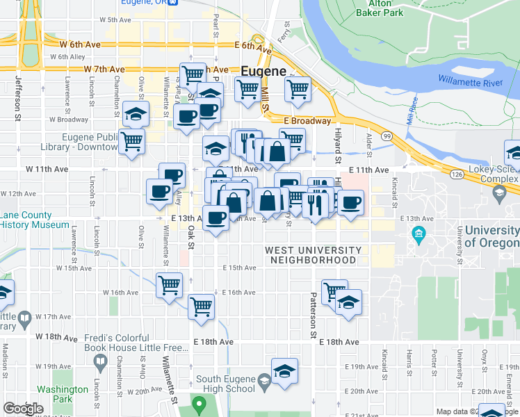 map of restaurants, bars, coffee shops, grocery stores, and more near 1262 Mill St in Eugene