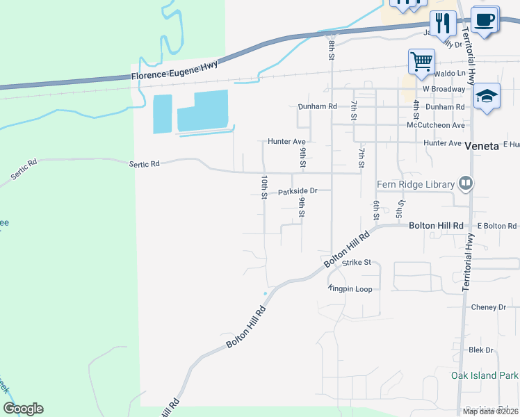 map of restaurants, bars, coffee shops, grocery stores, and more near 88002 10th Street in Veneta