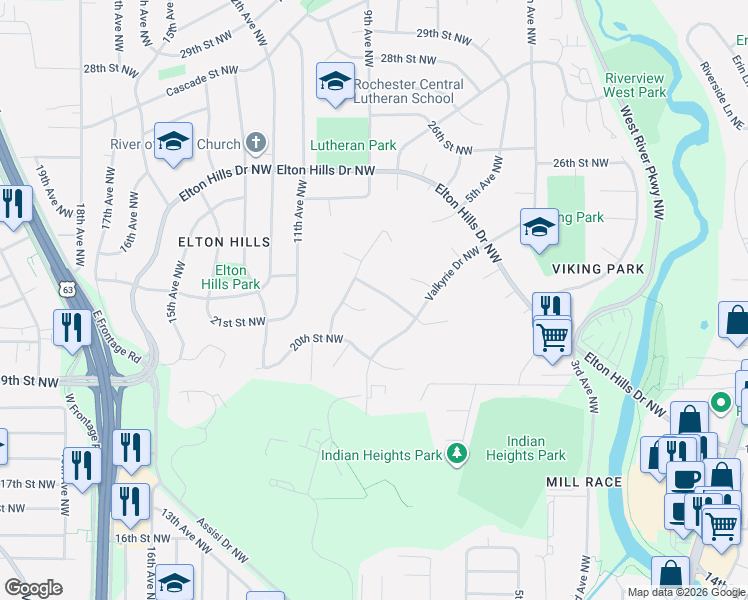 map of restaurants, bars, coffee shops, grocery stores, and more near 2026 Telemark Court Northwest in Rochester