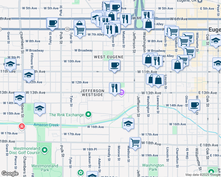 map of restaurants, bars, coffee shops, grocery stores, and more near 1260 Monroe Street in Eugene