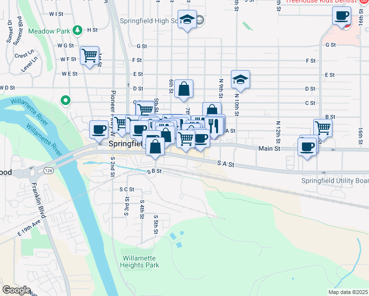 map of restaurants, bars, coffee shops, grocery stores, and more near 425 10th Street in Springfield