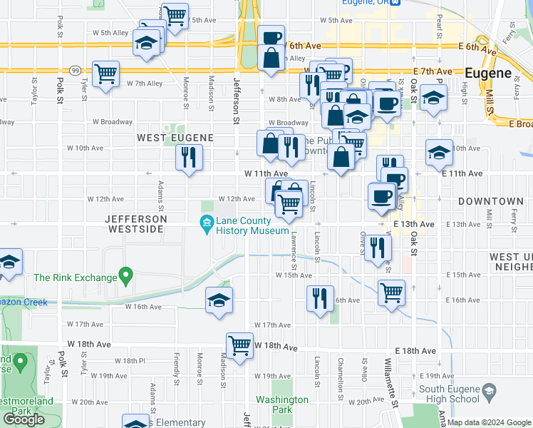 map of restaurants, bars, coffee shops, grocery stores, and more near 1261 Washington Street in Eugene