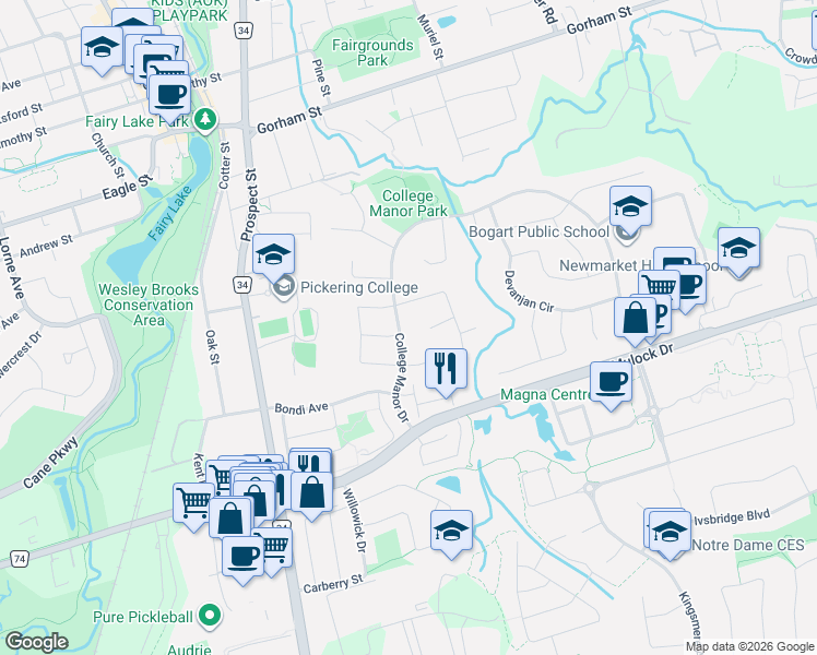 map of restaurants, bars, coffee shops, grocery stores, and more near 626 College Manor Drive in Newmarket