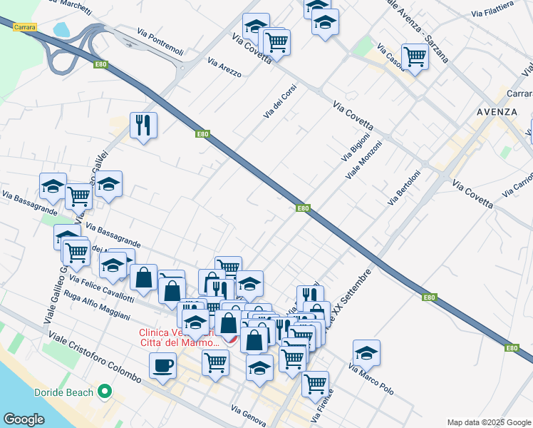 map of restaurants, bars, coffee shops, grocery stores, and more near 28 Vicolo Bigioni in Marina di Carrara