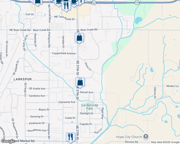 map of restaurants, bars, coffee shops, grocery stores, and more near 21243 Dove Lane in Bend