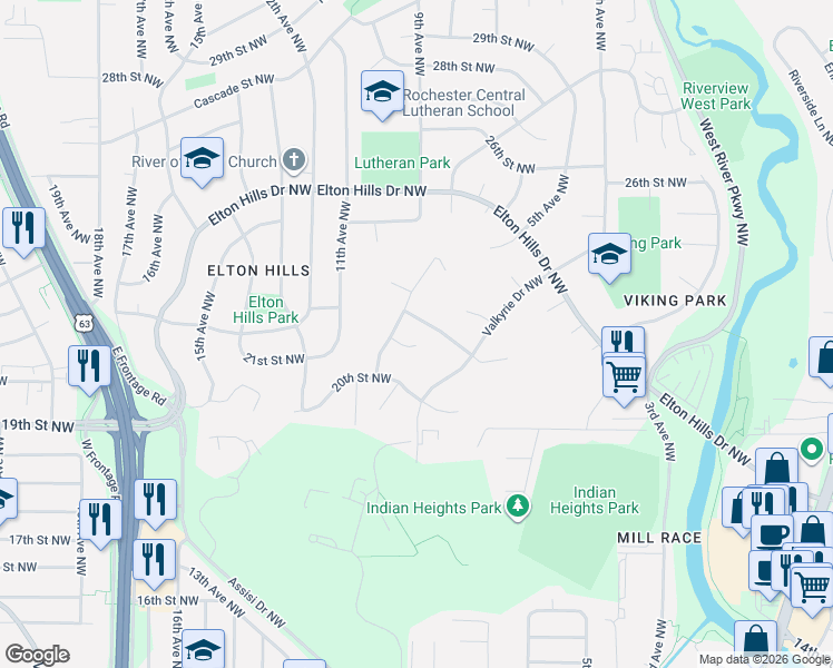 map of restaurants, bars, coffee shops, grocery stores, and more near 2026 Telemark Court Northwest in Rochester