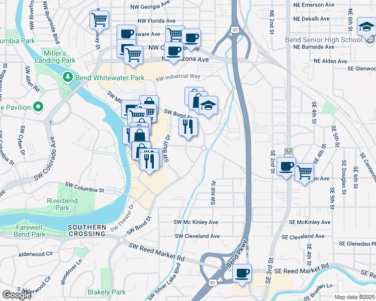 map of restaurants, bars, coffee shops, grocery stores, and more near 233 Southwest Wilson Avenue in Bend