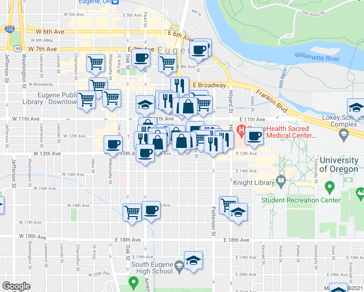 map of restaurants, bars, coffee shops, grocery stores, and more near 1255 Mill Street in Eugene