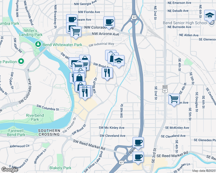 map of restaurants, bars, coffee shops, grocery stores, and more near 233 Southwest Wilson Avenue in Bend