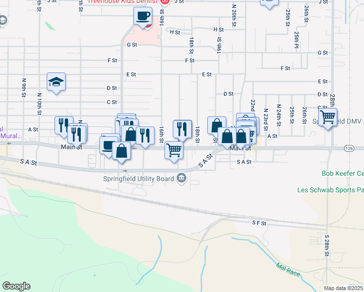 map of restaurants, bars, coffee shops, grocery stores, and more near 1710 Main Street in Springfield