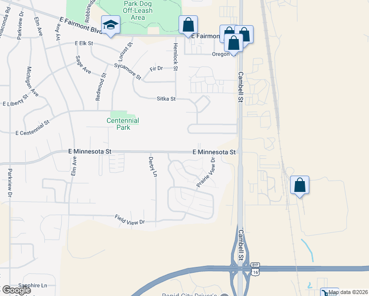 map of restaurants, bars, coffee shops, grocery stores, and more near 1220 East Minnesota Street in Rapid City