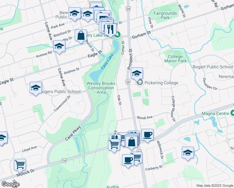 map of restaurants, bars, coffee shops, grocery stores, and more near 400 Oak Street in Newmarket