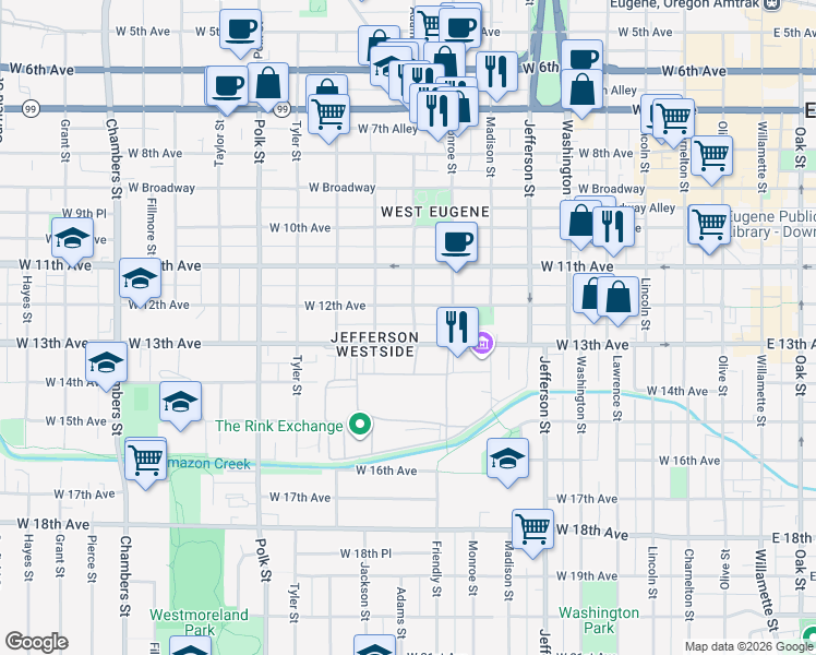 map of restaurants, bars, coffee shops, grocery stores, and more near 1258 Adams Street in Eugene