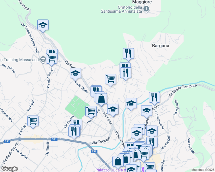 map of restaurants, bars, coffee shops, grocery stores, and more near 85 Via Frangola in Massa