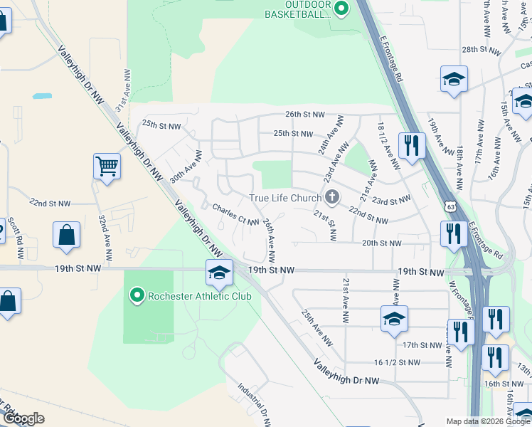 map of restaurants, bars, coffee shops, grocery stores, and more near 2110 26th Avenue Northwest in Rochester