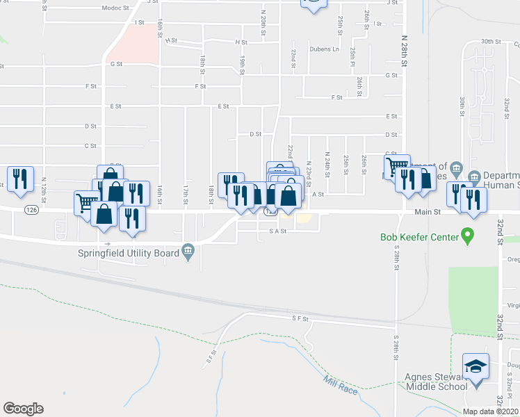 map of restaurants, bars, coffee shops, grocery stores, and more near 1974 Main Street in Springfield