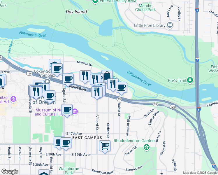 map of restaurants, bars, coffee shops, grocery stores, and more near 1990 Garden Avenue in Eugene