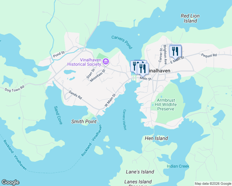 map of restaurants, bars, coffee shops, grocery stores, and more near 35 West Main Street in Vinalhaven