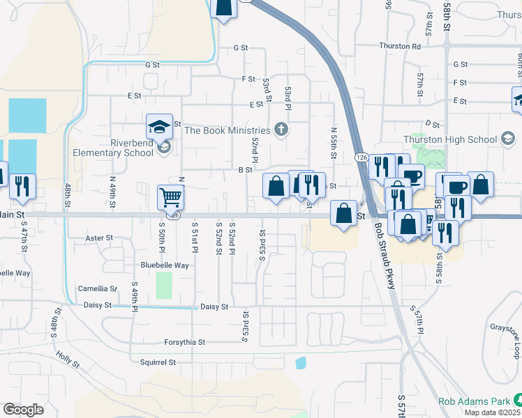 map of restaurants, bars, coffee shops, grocery stores, and more near 5312 Main Street in Springfield