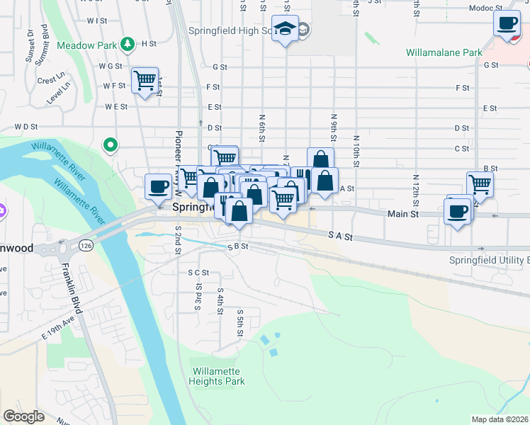 map of restaurants, bars, coffee shops, grocery stores, and more near 615 Main Street in Springfield