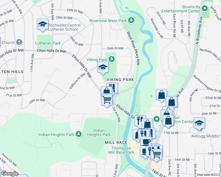 map of restaurants, bars, coffee shops, grocery stores, and more near 2210 Viking Drive Northwest in Rochester