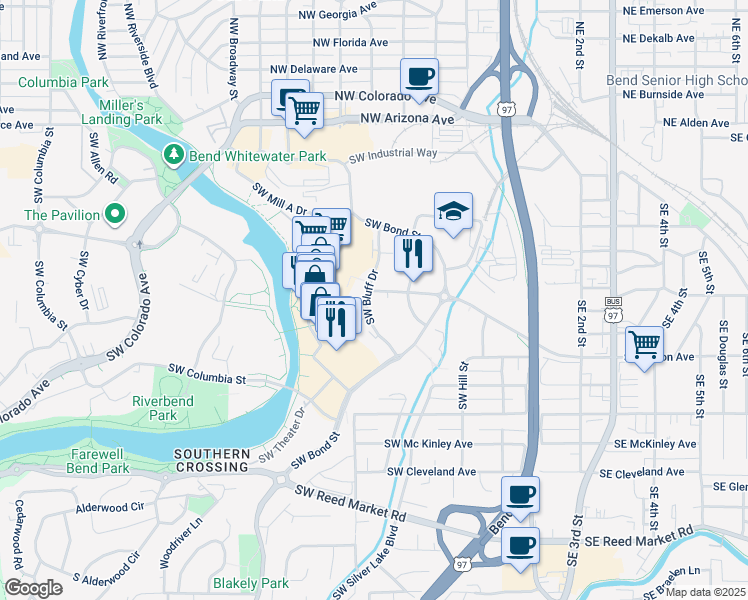 map of restaurants, bars, coffee shops, grocery stores, and more near 400 Southwest Bluff Drive in Bend