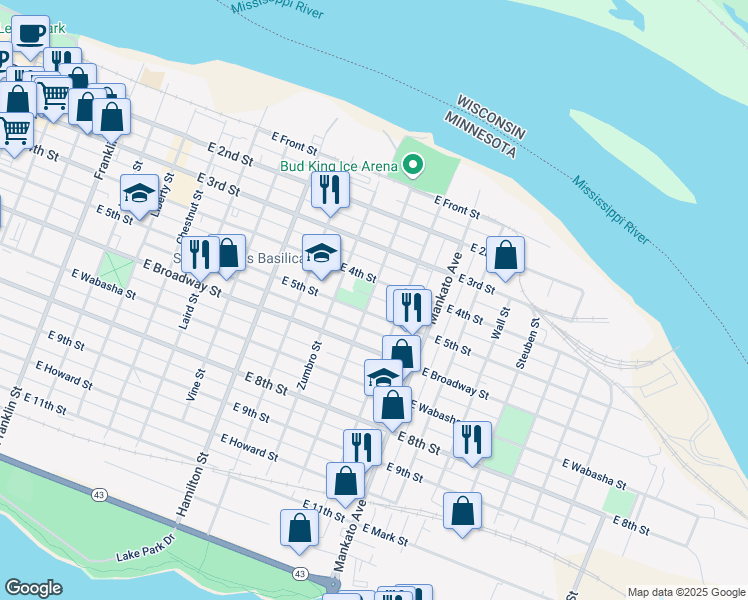 map of restaurants, bars, coffee shops, grocery stores, and more near 218 Saint Charles Street in Winona