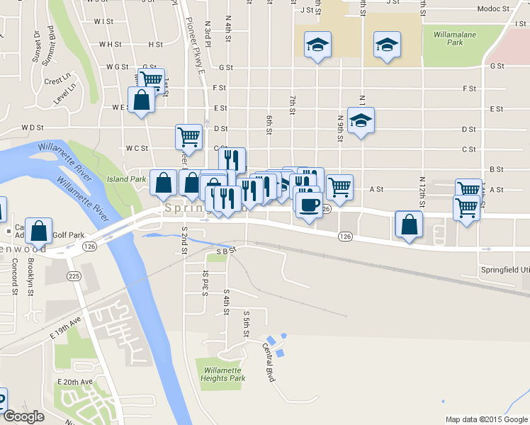 map of restaurants, bars, coffee shops, grocery stores, and more near 555 Main Street in Springfield