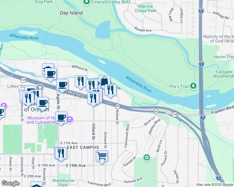 map of restaurants, bars, coffee shops, grocery stores, and more near 2125 Franklin Boulevard in Eugene