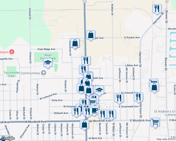 map of restaurants, bars, coffee shops, grocery stores, and more near 2332 Jackson Street in Oshkosh