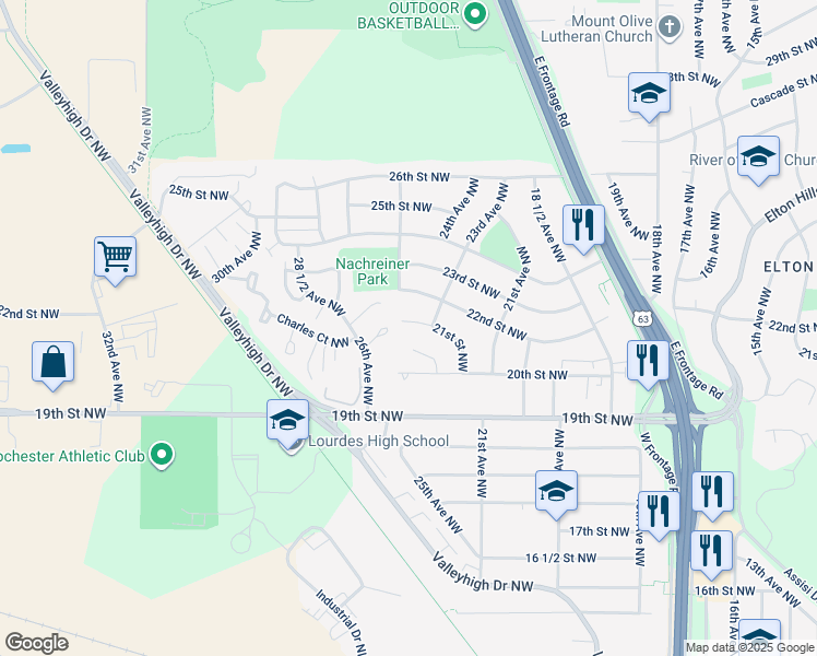 map of restaurants, bars, coffee shops, grocery stores, and more near 2412 21st Street Northwest in Rochester