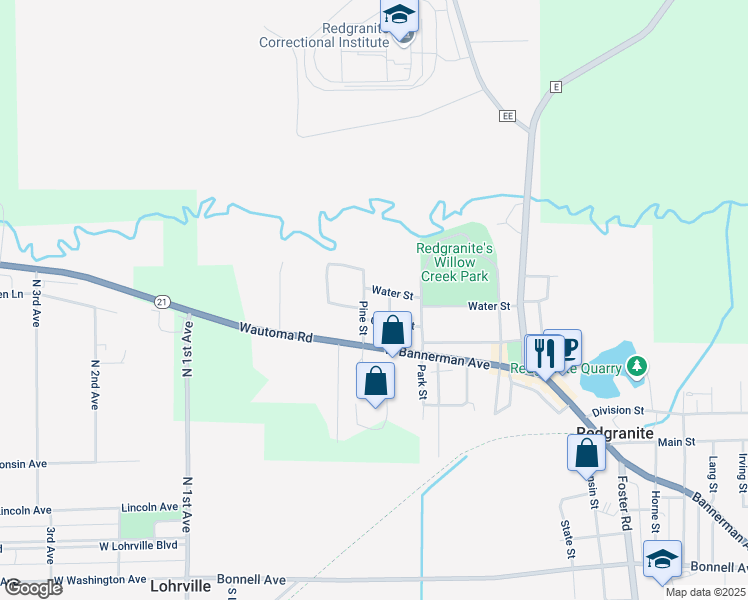 map of restaurants, bars, coffee shops, grocery stores, and more near 629 Water Street in Redgranite