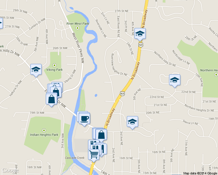 map of restaurants, bars, coffee shops, grocery stores, and more near 2135 East River Road Northeast in Rochester