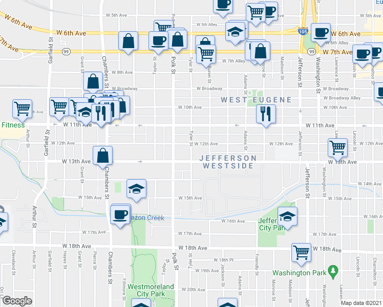 map of restaurants, bars, coffee shops, grocery stores, and more near 1263 Tyler Street in Eugene