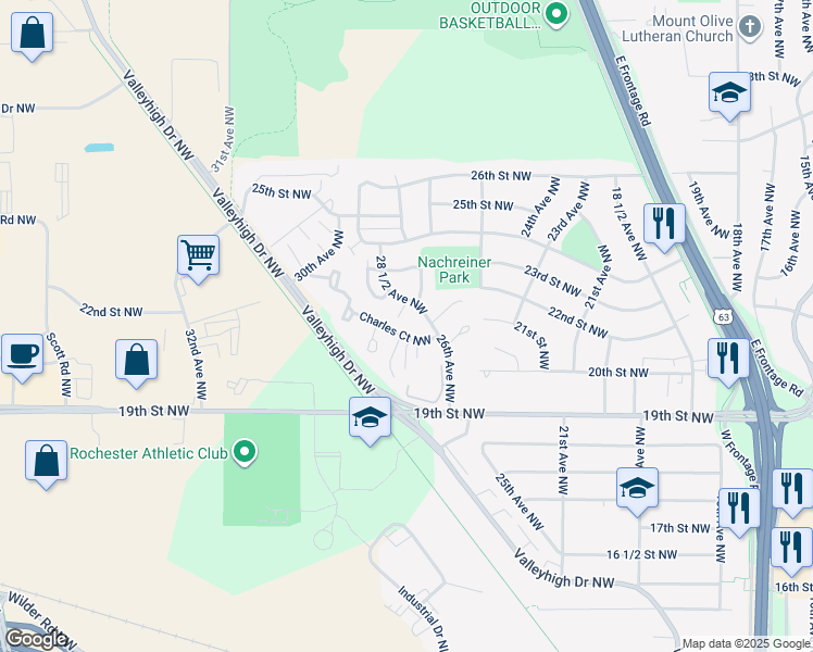 map of restaurants, bars, coffee shops, grocery stores, and more near 2703 Charles Court Northwest in Rochester