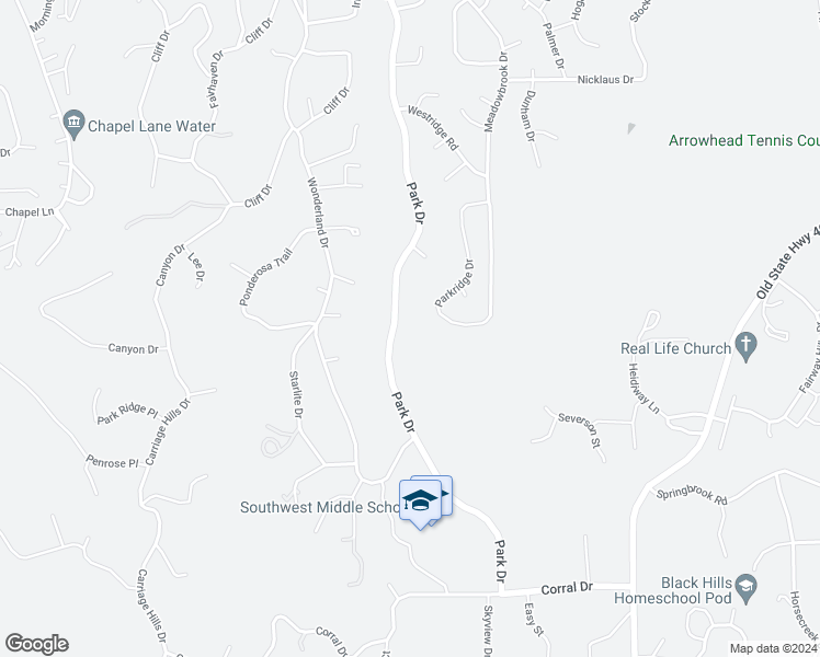 map of restaurants, bars, coffee shops, grocery stores, and more near 3946 Park Drive in Rapid City