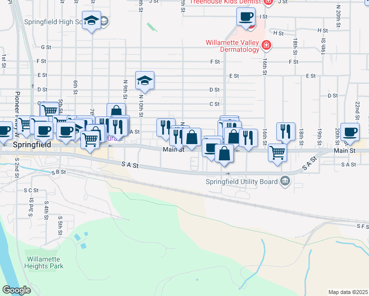 map of restaurants, bars, coffee shops, grocery stores, and more near 5 North 12th Street in Springfield